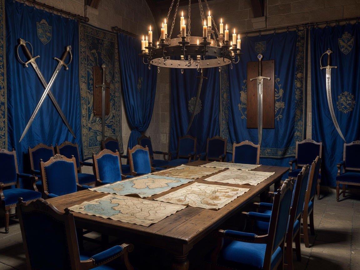 Historic military planning room displaying ancient swords, maps, and elegant royal blue decorations
