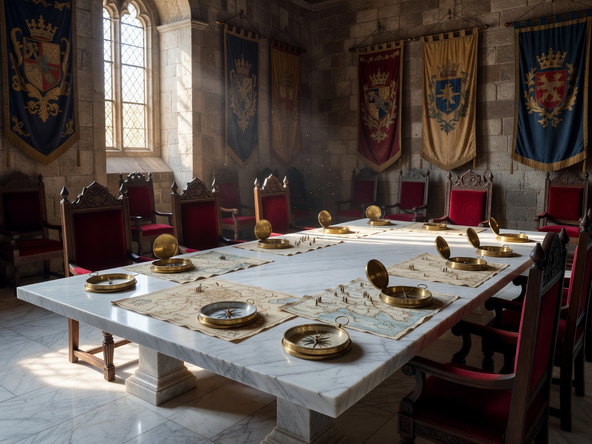 A noble royal strategy chamber with white marble tables, brass compasses, battle maps, and banners